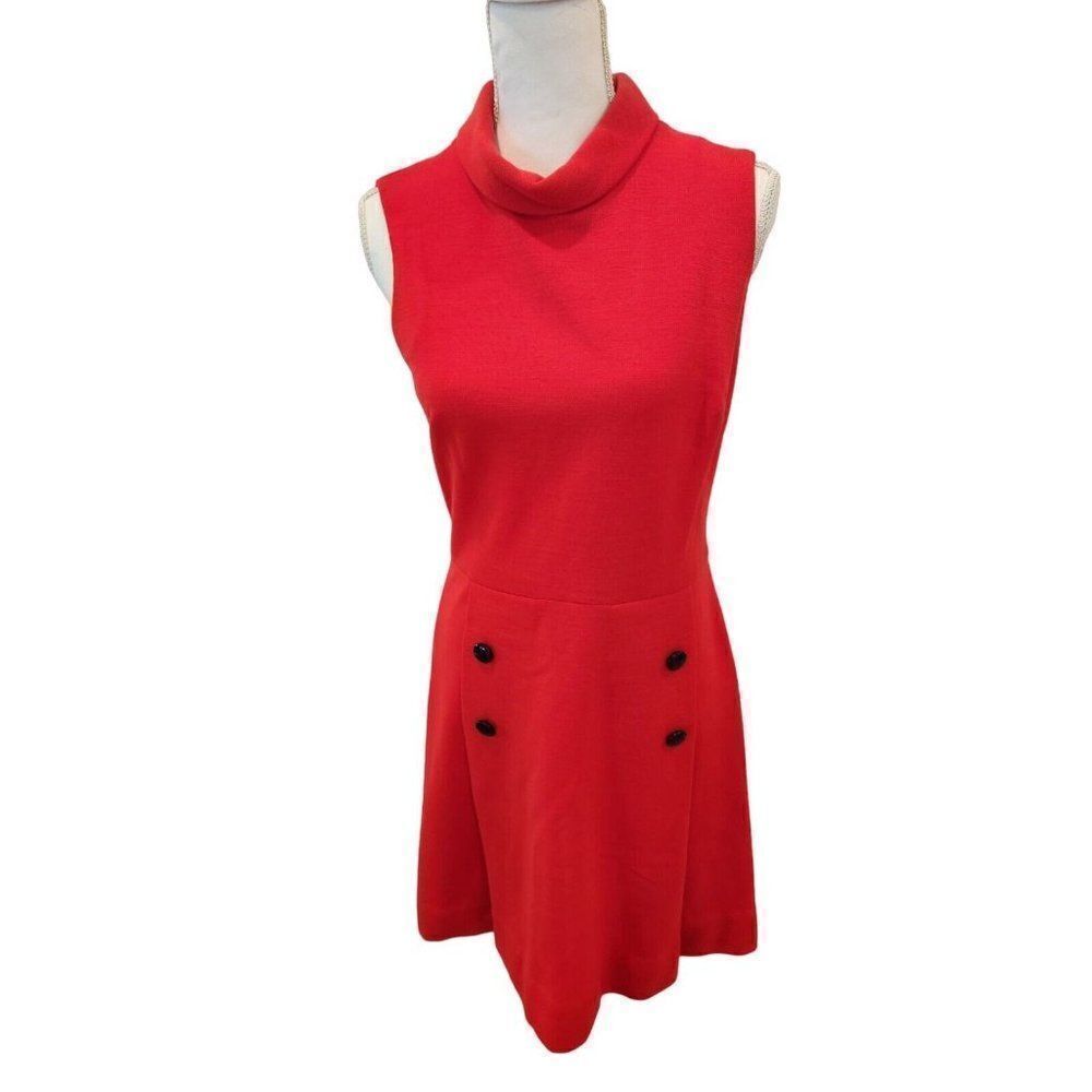 Vintage 60s Stacy Ames Red Sleeveless Sheath Midi Dress L Mod Pinup Wool Blend